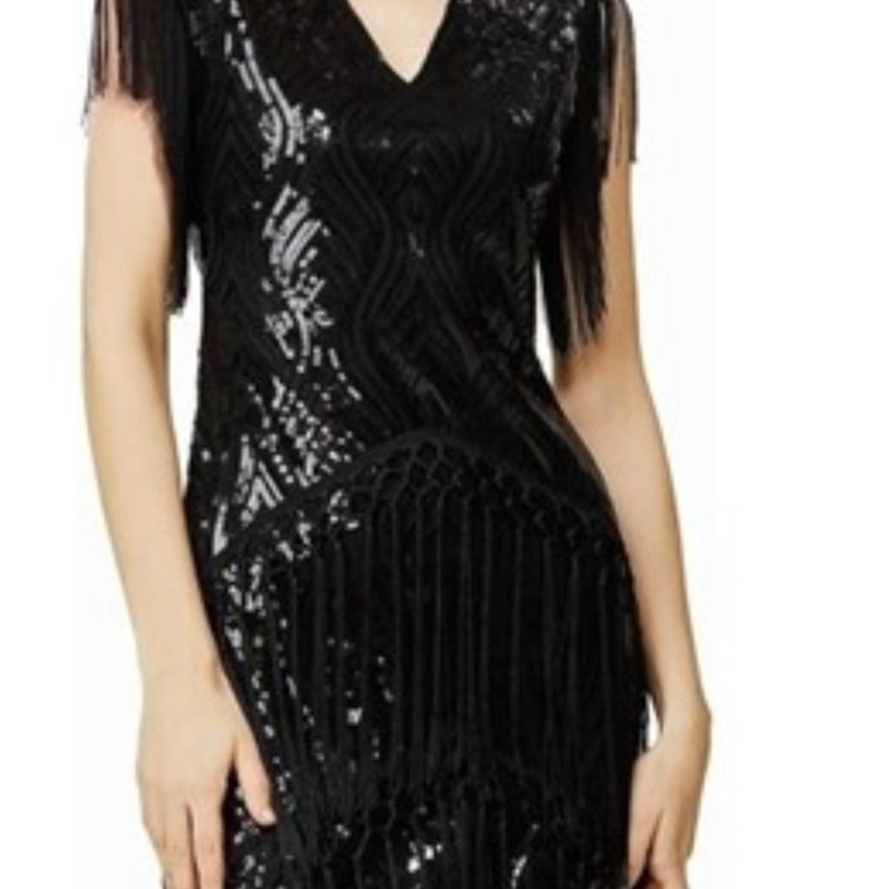 BNWT Black Sequin Flapper Fringe Dress V-Neck Size Medium
